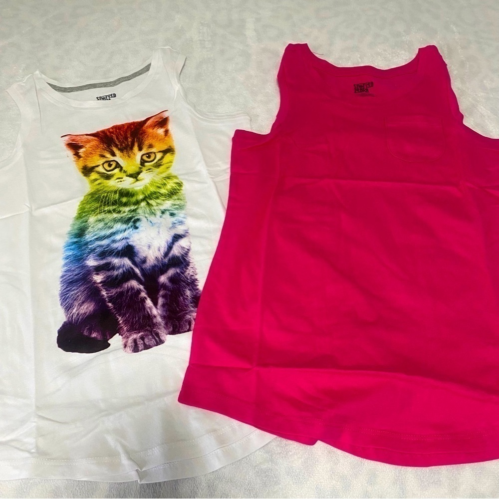 Spotted Zebra Lot of (2) Large/10 Girl’s Tank Tops 1 Cute Cat/1 Solid Pink NWOT